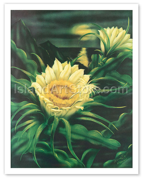 Blooming Cereus with Full Moon, Hawaii - Poster by Ted Mundorff