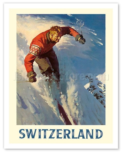 Switzerland - Alps Skiing - c. 1950's - Vintage Travel Poster