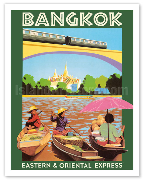 Bangkok Thailand - Floating Market - Eastern Oriental Express - Vintage Railroad Travel Poster