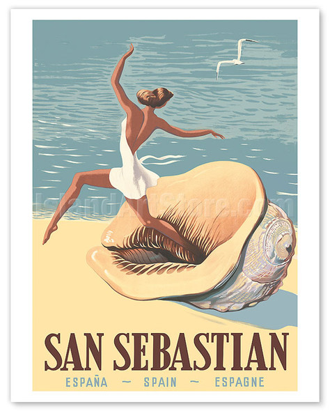 San Sebastian, Spain - Bay of Biscay - Dancing Woman in Sea Shell - c. 1956 - Vintage Travel Poster