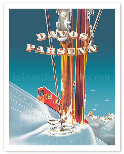 Davos Switzerland - Parsenn Ski Area - Funicular Railway - c. 1943 - Poster by Edi Hauri