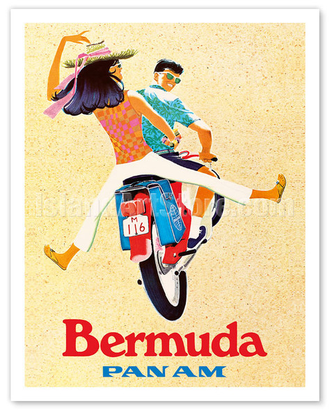 Bermuda - Couple on Scooter - Pan American World Airways - c. 1960's - Vintage Airline Travel Poster
