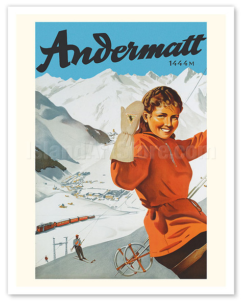 Andermatt Village, Switzerland - Swiss Alps - Skiing - c. 1940's - Vintage Travel Poster