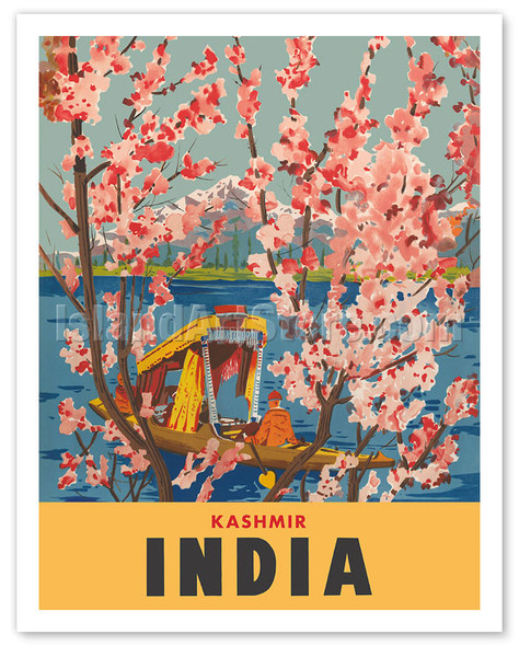 Kashmir India - Dal Lake - Almond Blossoms - c. 1950 - Vintage Travel Poster