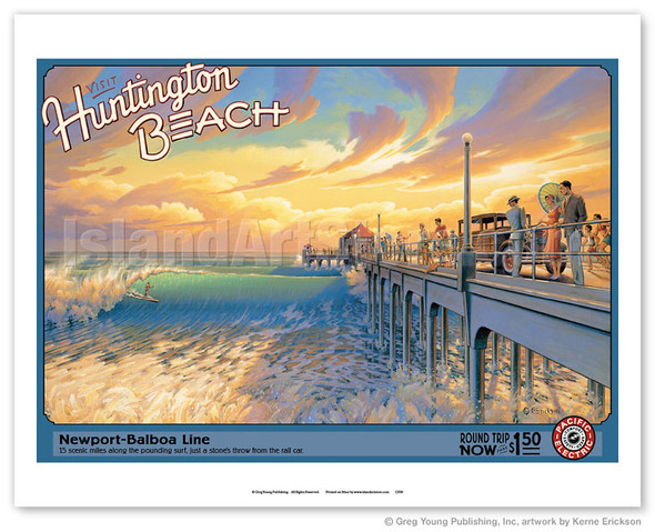 Visit Huntington Beach - California - Newport-Balboa Line - Pacific Electric (Red Car) - Surfing the Pier - Poster by Kerne Erickson