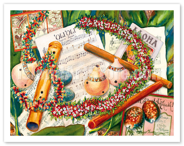 Oli 'Oli (Hawaiian Chants) - Gourds (Ipu), Nose Flute ('ohe hano ihu) - Poster by Peggy Chun