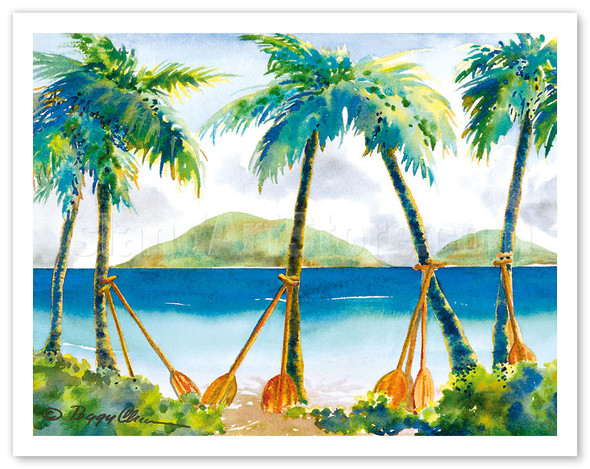 Paddling to Church - Hawaiian Canoe Paddles (Hoe) against Palm Trees - Poster by Peggy Chun
