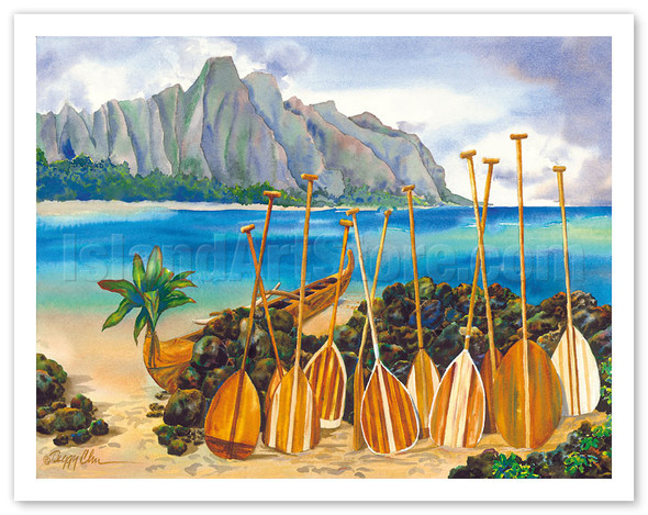 Spirit Of The Paddles - Hawaiian Canoe (Wa'a) and Paddles (Hoe) - Poster by Peggy Chun