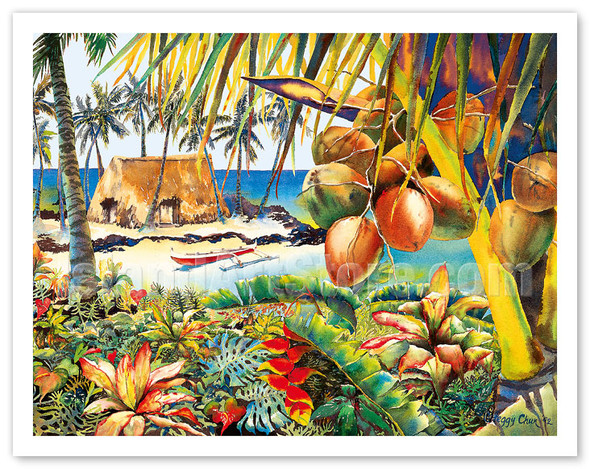 Island Bounty - Traditional Hawaiian Thatched Grass Hale (House) - Poster by Peggy Chun