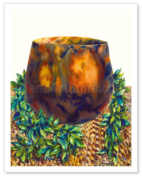 Island Heirlooms - Hawaiian Koa Wood Bowl, Lauhala Mat, Ti Leaf Lei - Poster by Peggy Chun