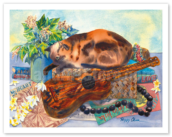 Mele Ho'oipoipo (Song of Love) - Hawaiian Cat (Popoki), Ukulele - Poster by Peggy Chun