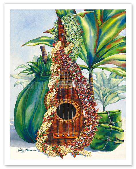 Mele Pua (Flower Song) - Hawaiian Ukulele, Leis, Ti Leaves Offering - Poster by Peggy Chun
