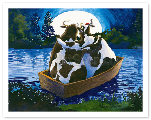 Moooon River - Two Hawaiian Cows in Love Gazing at Full Moon - Poster by Peggy Chun