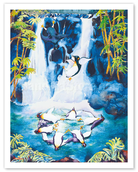 Penguin Follies - Playful Penguins in Hawaiian Waterfall (Wailele) - Poster by Peggy Chun