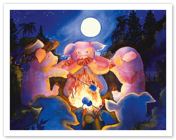 Pig Tales - Hawaiian Pigs (Pua'a) Roasting Marshmallows Over a Campfire - Poster by Peggy Chun
