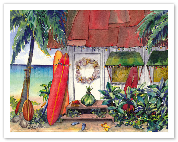 Holiday at the Surf Shack - Hawaiian Beach House (Hale) at Christmas - Poster by Peggy Chun