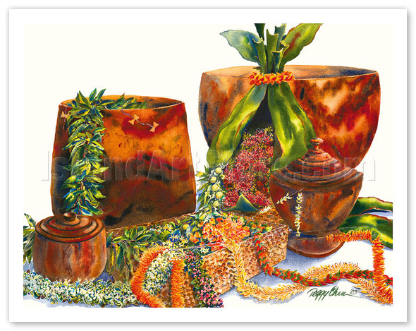 Family Treasures - Hawaiian Island Heirlooms - Leis, Koa Wood Bowls - Poster by Peggy Chun