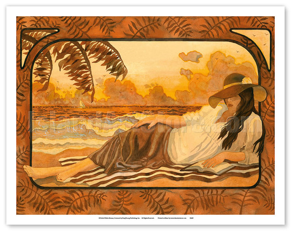 She Lays by the Sea - Woman Reading on Beach - Poster by Robin Wethe Altman