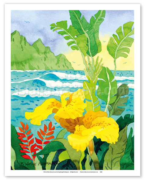 Yellow Canna with Waves - Tropical Paradise Hawaii - Hawaiian Islands - Poster by Robin Wethe Altman