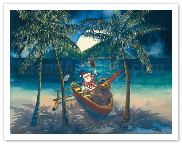 Santa in Outrigger Canoe - Poster by Peggy Chun
