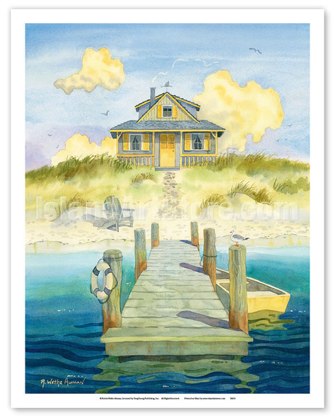 Welcome Home - Sitting by the Dock - Cozy Beach Cottage - Poster by Robin Wethe Altman