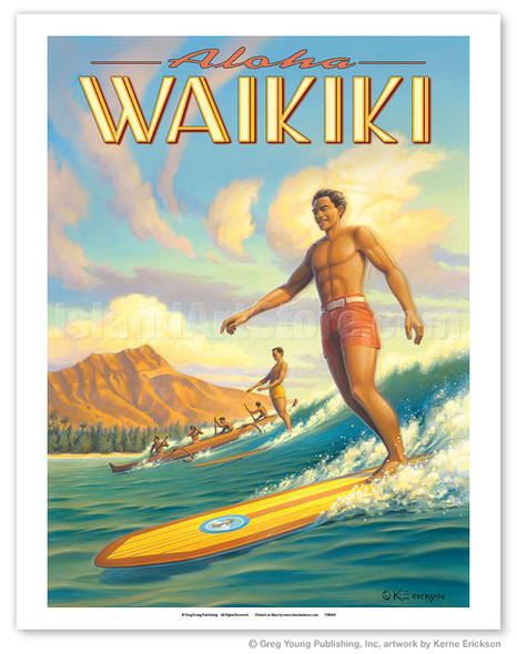 Aloha Waikiki - Surfing - Diamond Head - Oahu - Honolulu - Hawaii - Poster by Kerne Erickson
