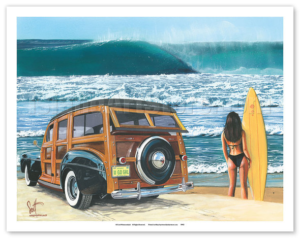 Buttercup Buick - Retro Woodie Car on Beach with Big Wave Surfer