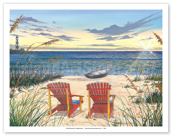 Outer Bank Sunrise - Beach Chairs & Sunset Ocean View - Poster by Scott Westmoreland