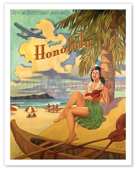Visit Honolulu - Hawaii Hula Girl Playing Ukulele - Fly Interisland Airlines - Poster by Rick Sharp