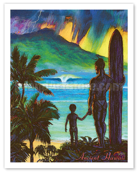 Ancient Hawaii - Hawaiian Surfer with Keiki Son - Poster by Rick Sharp