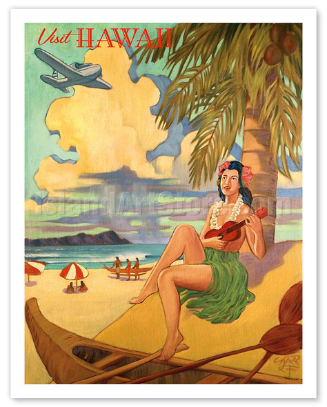 Visit Honolulu - Hawaii Hula Girl Playing Ukulele - Fly