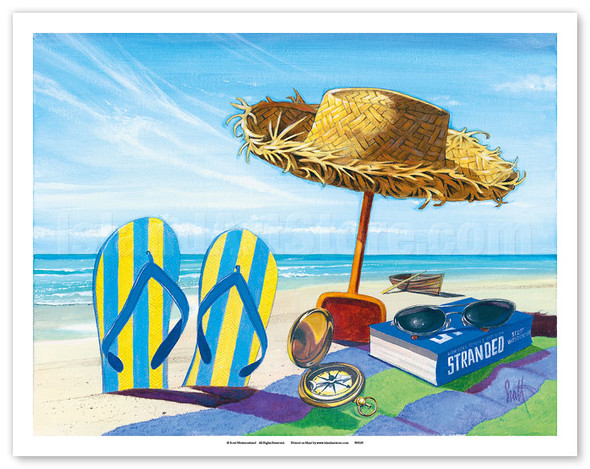 Stranded - Beach Going Essentials: Book, Straw Hat, Sunglasses, Beach Towel, Flip Flops - Poster by Scott Westmoreland