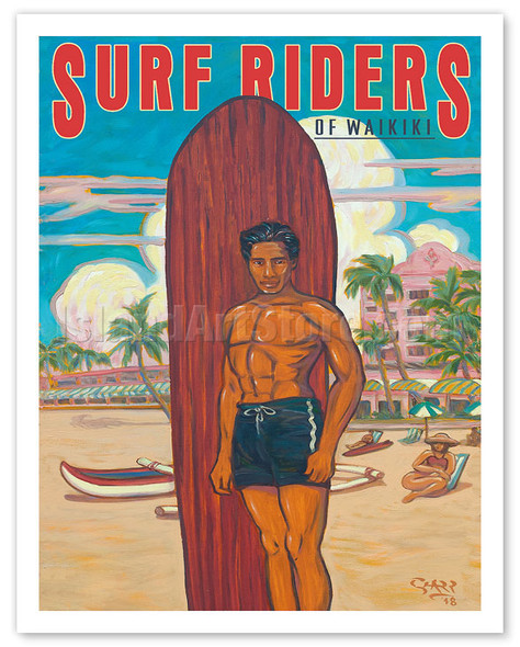 Surf Riders of Waikiki - Hawaii Surfer - Koa Wood Longboard - Duke Kahanamoku - Poster by Rick Sharp