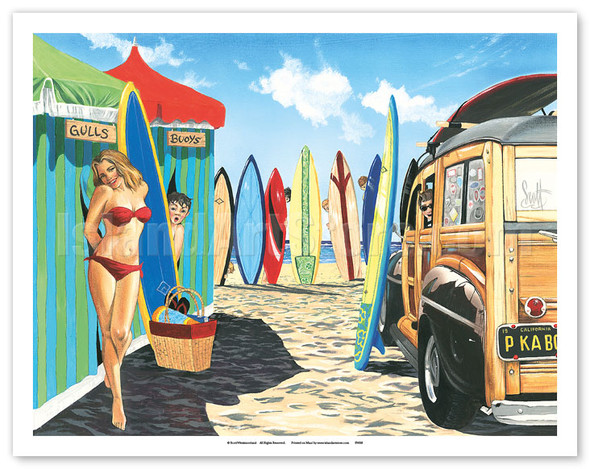Peek-a-Boo - Retro Woodie with Surfboards and Pin-up Girl - Poster by Scott Westmoreland