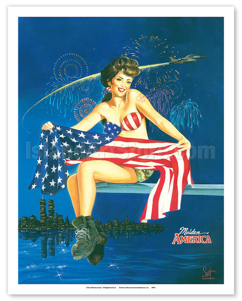 Maiden America - Patriotic Pin-up Girl with American Flag - Poster by Scott Westmoreland