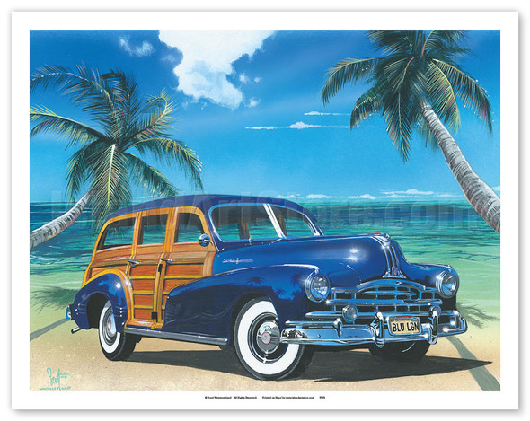 Blue Lagoon - Retro Woodie Car on Beach - Poster by Scott Westmoreland