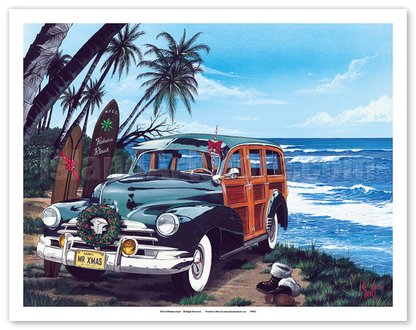 Kahuna Klaus - Retro Christmas Woodie on Beach with Surfboards - Poster by Scott Westmoreland