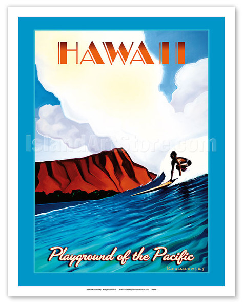 Hawaii - Playground of the Pacific - Surfing At Diamond Head - Poster by Wade Koniakowsky