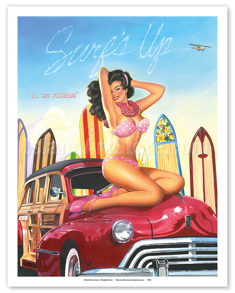 Big Kahuna Bebe - Retro Woodie with Surfboards and Pin-up Girl - Poster by Scott Westmoreland