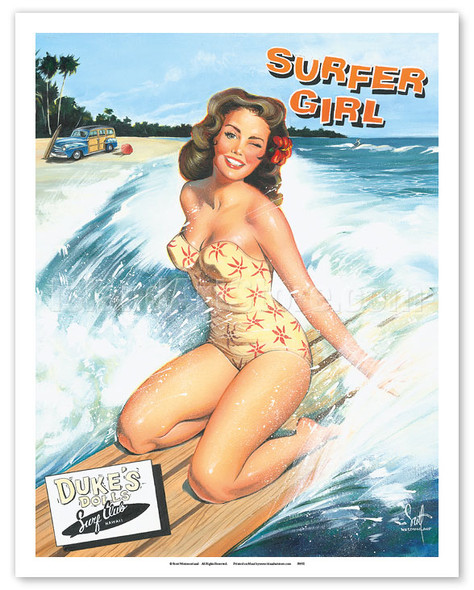 Surfer Girl - Retro Woodie with Surfboards and Surfing Pin-up Girl - Poster by Scott Westmoreland