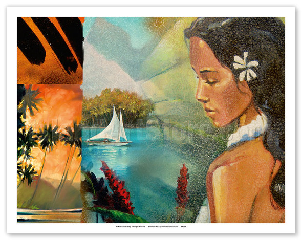 Moorea Girl - Tahiti - Sailboat, Palms and Ginger Flowers - Poster by Wade Koniakowsky