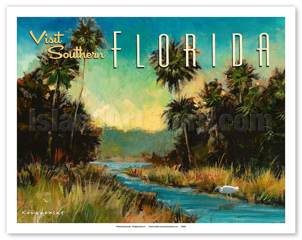 Visit Southern Florida - Egret - Everglades - Poster by Wade Koniakowsky