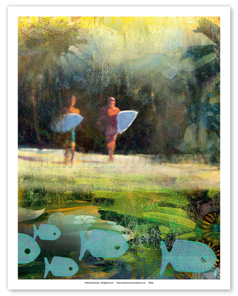 Discovery - Surfers and Fish - Poster by Wade Koniakowsky