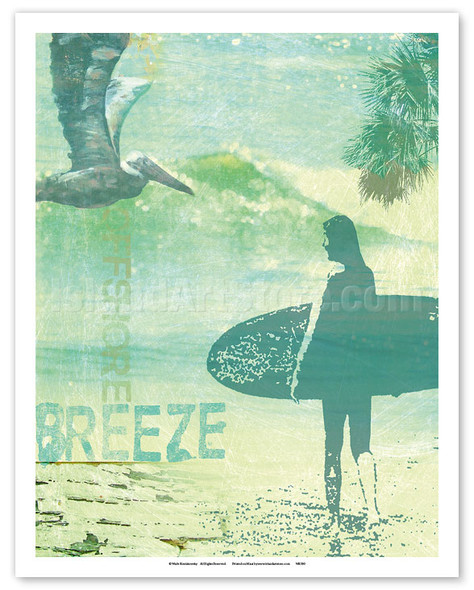 Offshore Breeze - Surf Girl and Pelican - Poster by Wade Koniakowsky