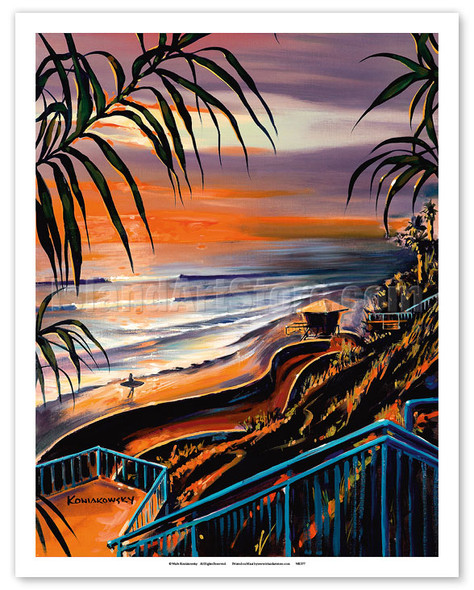 Surfer at Sunset - Californian Beach - Poster by Wade Koniakowsky