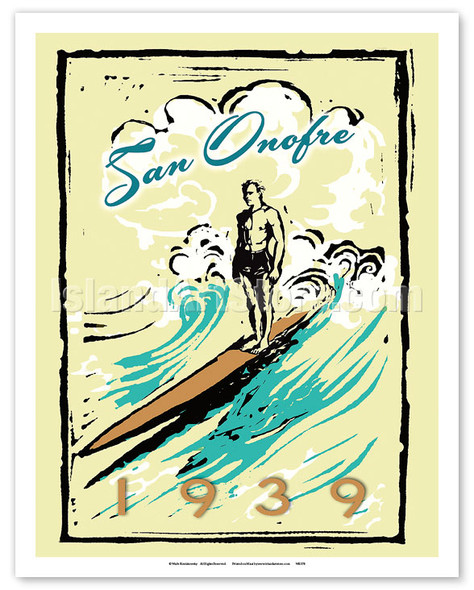 San Onofre (San 'O) California 1939 - Surfer on Longboard - Poster by Wade Koniakowsky