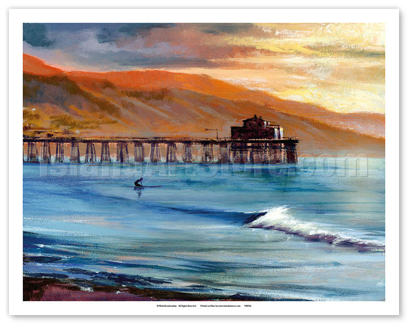Malibu Pier, California - Surfer at Sunset - Poster by Wade Koniakowsky