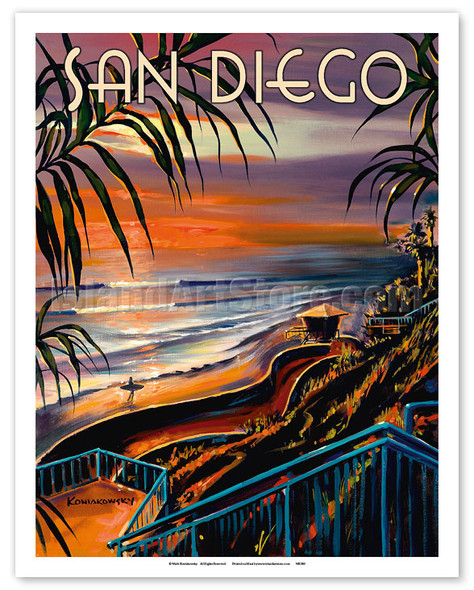 San Diego - California Sunset - Surfer at the Beach - Poster by Wade Koniakowsky