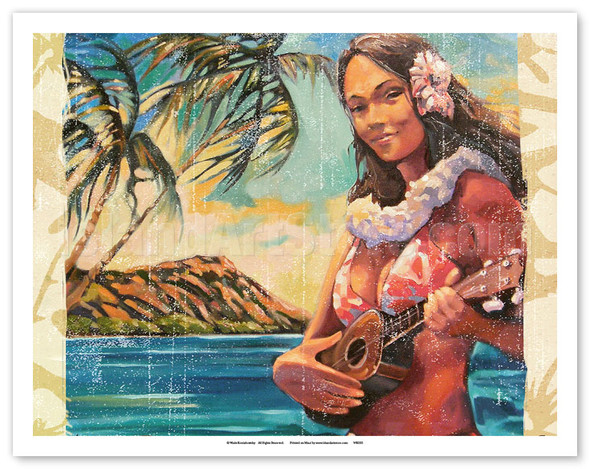 Hawaiian Girl With Ukulele - Waikiki Beach and Diamond Head - Poster by Wade Koniakowsky