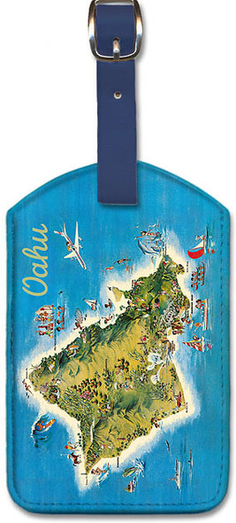 The Island of Oahu Hawaii - Pictorial Map by Ray Lanterman - Leatherette Luggage Tag